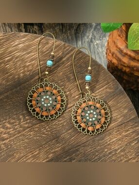 Boho Sunburst Dangle Earrings in Copper and Turquoise - Women Jewelry